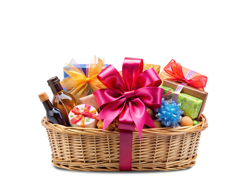 Christmas hampers filled with festive treats, figurine, wine and personalized gifts, perfect for holiday gifting.