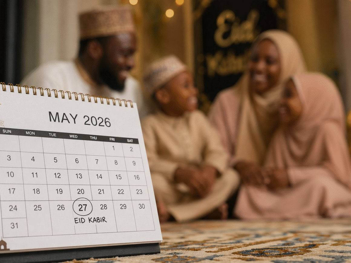 Muslim family celebrating Eid Kabir in May 2026 Nigeria.