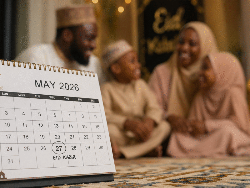 Muslim family celebrating Eid Kabir in May 2026 Nigeria.
