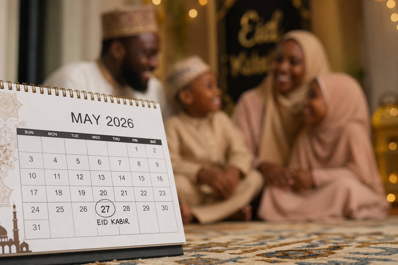 Muslim family celebrating Eid Kabir in May 2026 Nigeria.