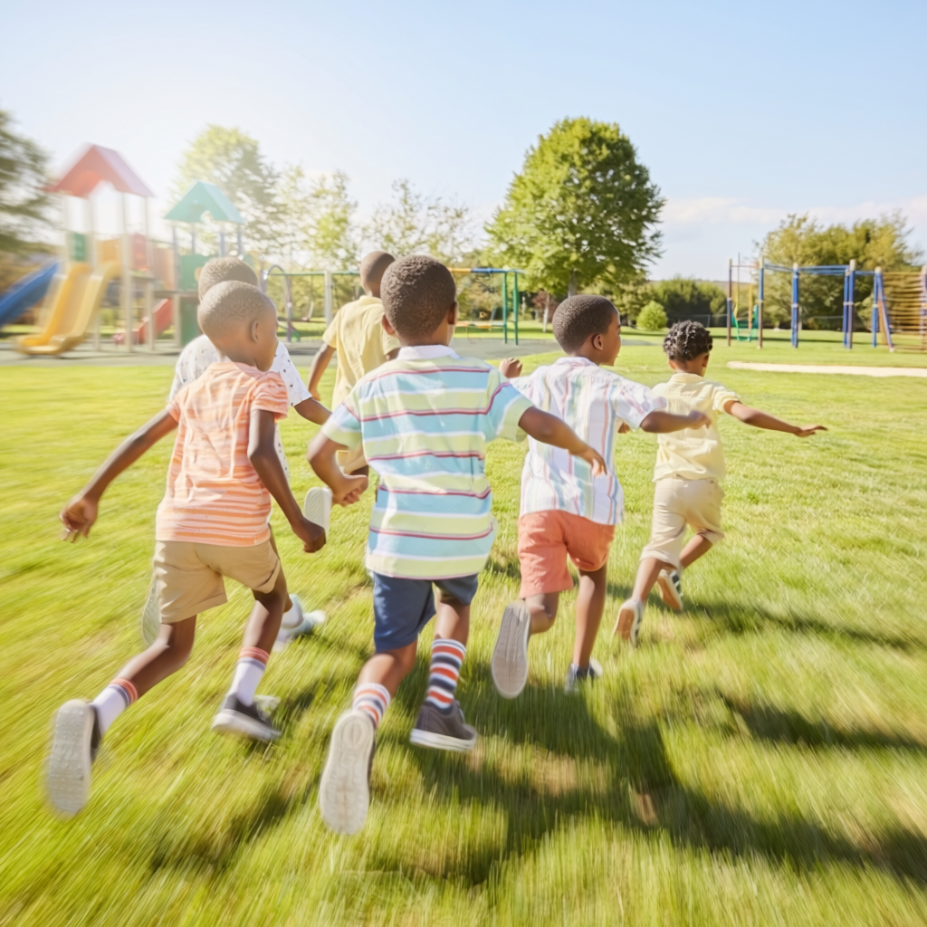 Children running across a lawn playing in the sun in a playground
